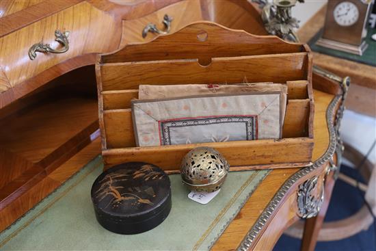 Sundry items including a 19th century Eastern engraved and pierced brass incense or perfume ball and a Chinese brass box